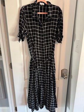 Calvin Klein Black & White Windowpane Midi Shirt Dress